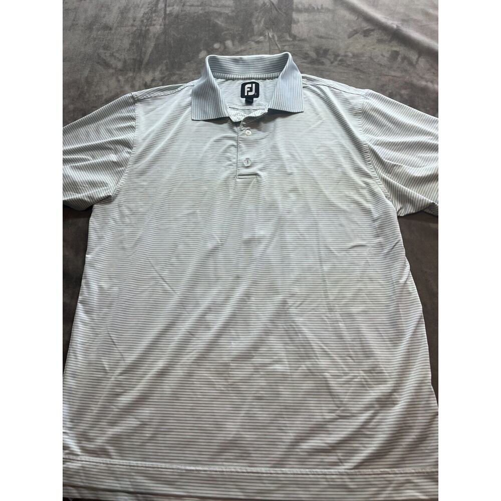 FJ FootJoy Short Sleeve Blue‎ White Striped Polo Shirt Small Green Island Logo
